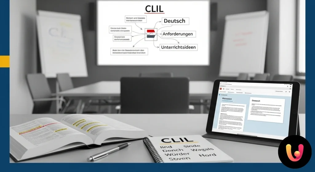 Lavagna con la scritta clil, parole in tedesco e icone rappresentative di diverse materie scolastiche.
