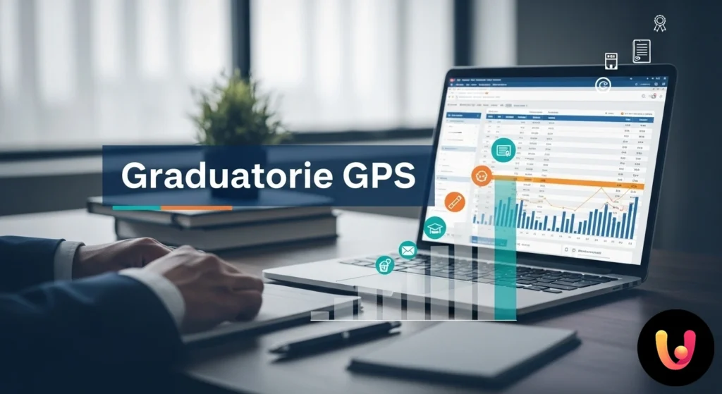 Graduatorie GPS Secondaria: Guida a Punteggi, Titoli e Servizi Docente al computer che consulta una graduatoria online, con documenti e penna sulla scrivania.