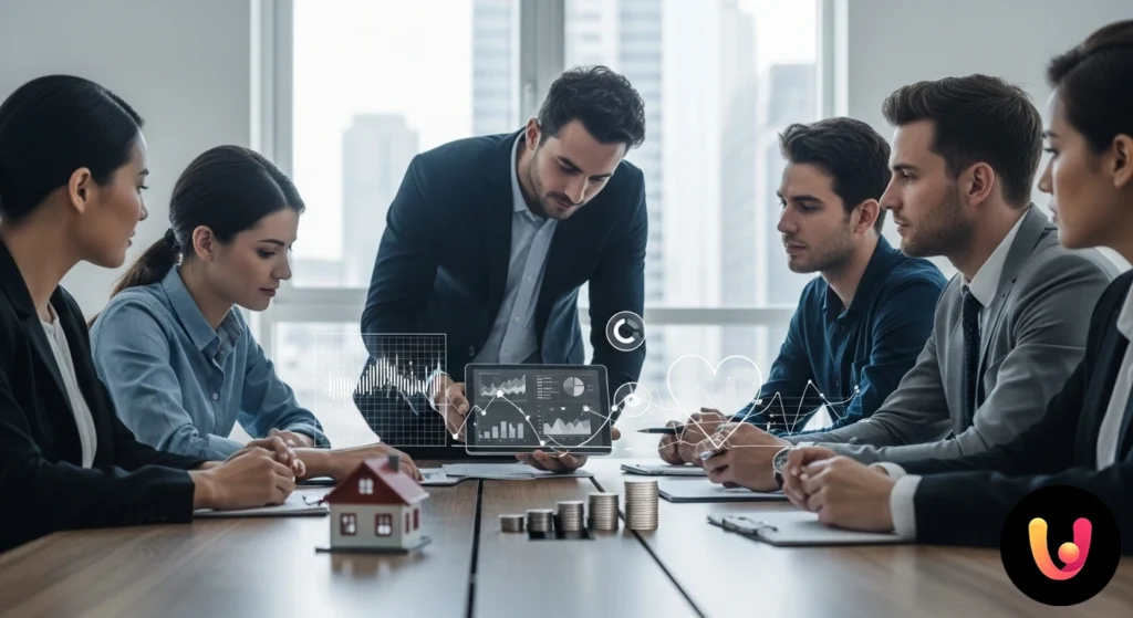 Couple évaluant une police d'assurance habitation, avec des clés et une maquette de maison au premier plan.