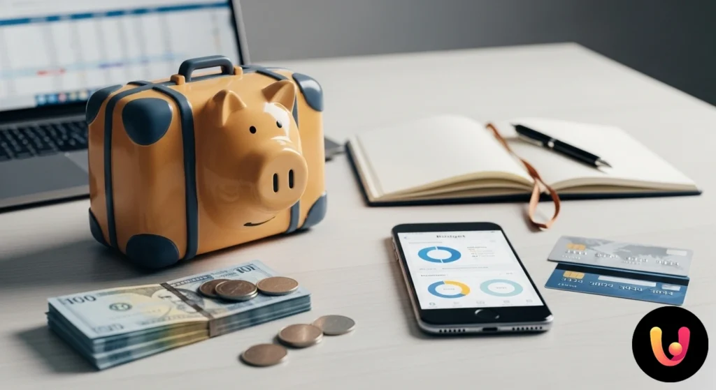 Persona che pianifica un budget di viaggio su un taccuino, con calcolatrice, mappa e salvadanaio su una scrivania.