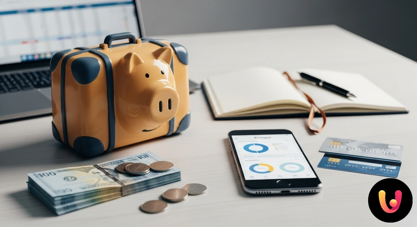 Gestione Budget Vacanze: Guida per Risparmiare e Viaggiare Persona che pianifica un budget di viaggio su un taccuino, con calcolatrice, mappa e salvadanaio su una scrivania.