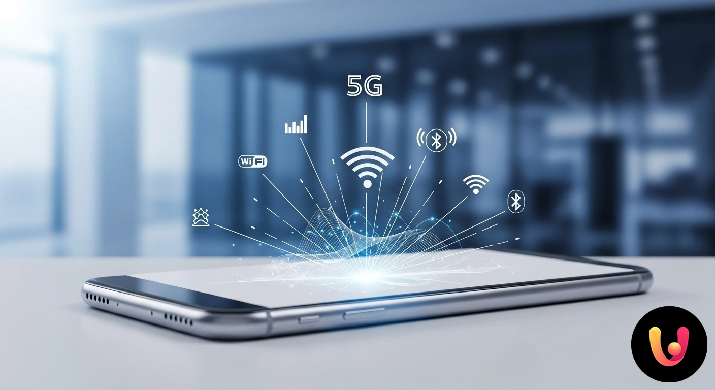 Guida completa alla connettività smartphone: 5G, Wi-Fi e Bluetooth. Smartphone al centro che emette segnali luminosi con i simboli di 5g, wi-fi e bluetooth che si collegano a icone di rete.