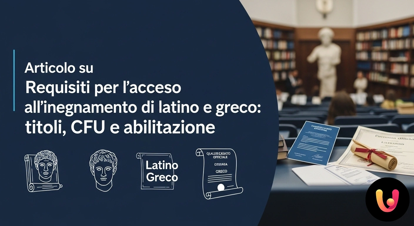 Guida ai requisiti per insegnare latino e greco: titoli di studio, CFU e abilitazione. Pila di antichi volumi di letteratura classica su una scrivania; un libro è aperto e mostra un testo in greco antico.