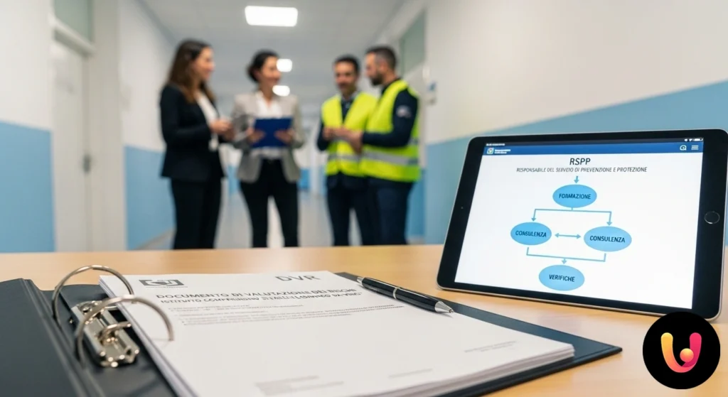 Responsabile della sicurezza e docente analizzano un documento per la valutazione dei rischi in un'aula scolastica.