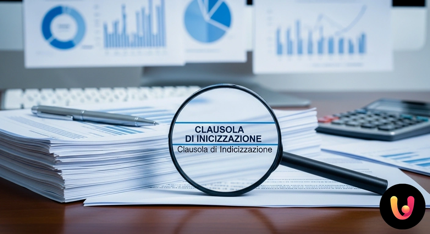 Clausola di Indicizzazione Mutuo: Guida Completa al Tasso Variabile Lente d'ingrandimento posizionata su un contratto di mutuo, che ingrandisce la sezione relativa alla clausola di indicizzazio
