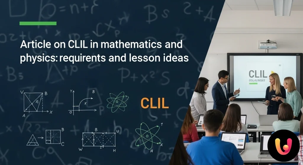 Lavagna con formule di matematica e fisica scritte in inglese per una lezione con metodologia clil.