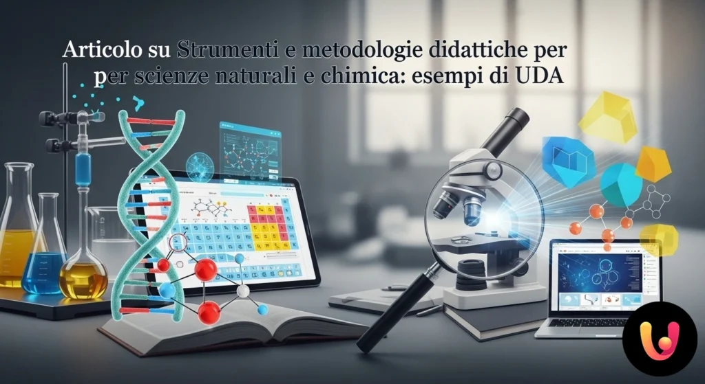 Docente di scienze illustra a uno studente una reazione chimica con liquidi colorati in un becher durante una lezione pratica