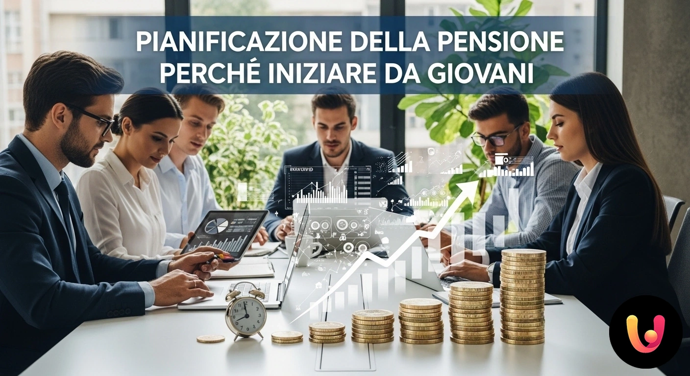 Pianificazione Pensione Giovani: il tuo futuro finanziario inizia ora. Mano di una persona giovane che inserisce una moneta in un salvadanaio da cui germoglia una piccola pianta verde.