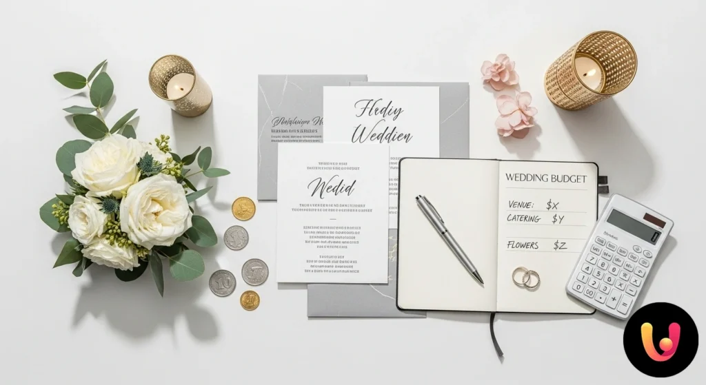 Oggetti per la pianificazione di un budget matrimoniale: taccuino, penna, calcolatrice e una piccola composizione floreale.