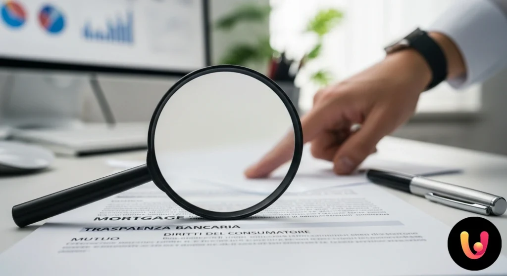 Persoană care examinează cu o lupă clauzele scrise cu litere mici pe un contract de credit ipotecar bancar.
