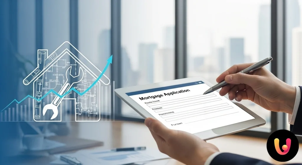 Person analyzing architectural plans for a building renovation with a calculator and documents on a table.