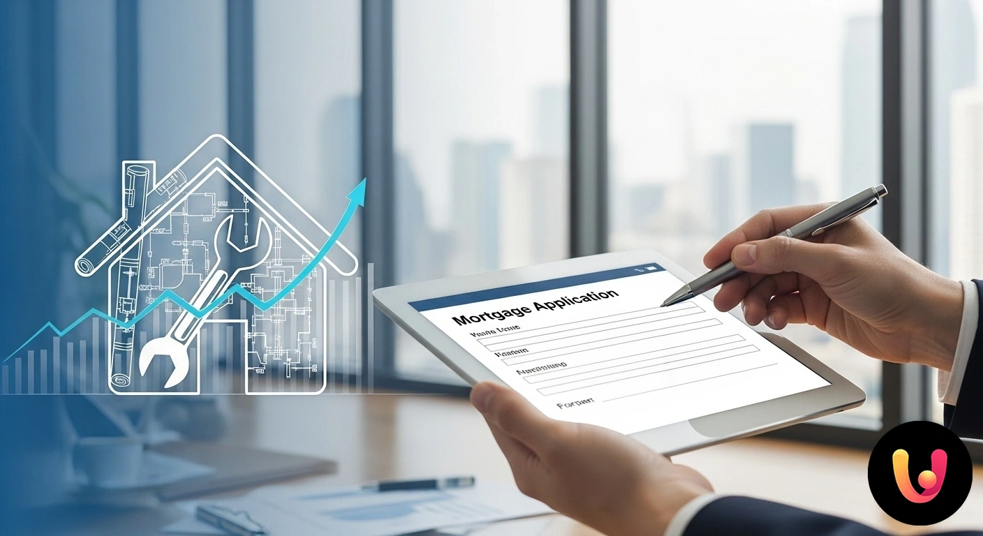 Mutuo Ristrutturazione: Guida Completa per Finanziare i Lavori Persona che analizza progetti architettonici per una ristrutturazione edilizia con calcolatrice e documenti su un tavolo.