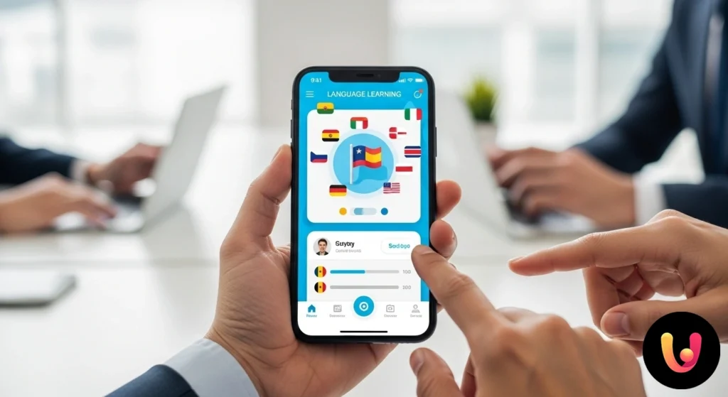 Persoană care interacționează cu o aplicație pentru &icirc;nvățarea limbilor străine pe un ecran de smartphone.