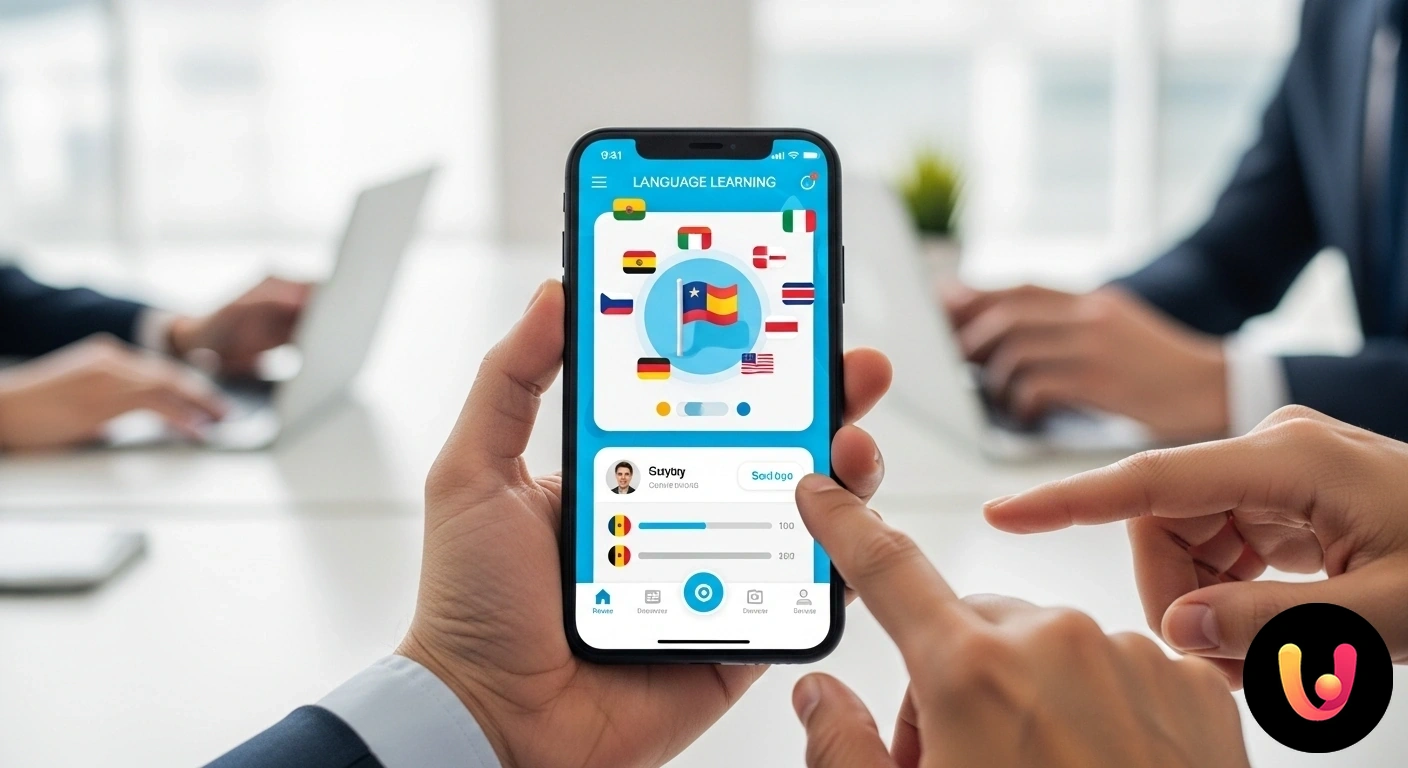 Le migliori app per imparare una nuova lingua con il tuo smartphone. Persona che interagisce con un'applicazione per l'apprendimento delle lingue su uno schermo di smartphone.