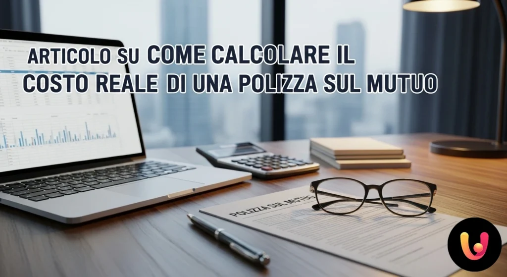 Pessoa a calcular os custos num documento contratual com uma calculadora, ao lado de um modelo de uma casa.