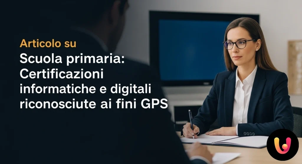 Docente di scuola primaria alla cattedra che utilizza un computer portatile per la formazione e le certificazioni digitali.