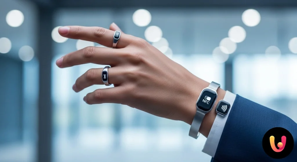 Pagamenti indossabili: il futuro in anelli e bracciali NFC Mano con anello e braccialetto nfc avvicinata a un terminale pos per effettuare un pagamento contactless sicuro.