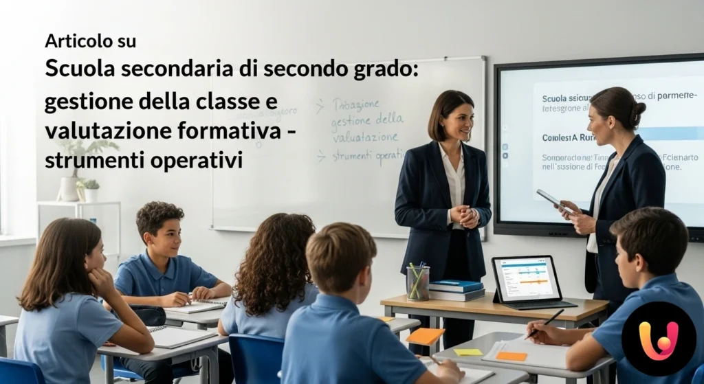 Gestione classe e valutazione: guida per docenti secondaria Docente di scuola secondaria che illustra a un gruppo di studenti attenti degli schemi per la valutazione formativa.