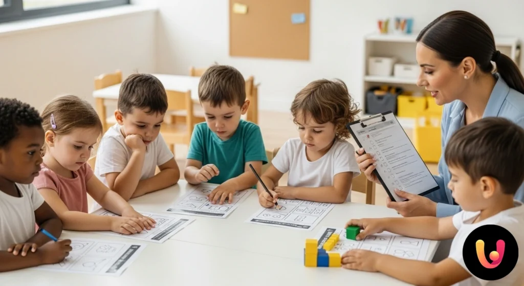 Scuola Infanzia: esami e prove. Guida completa per il ruolo Insegnante osserva un bambino durante un'attività ludico-didattica con costruzioni, annotando i progressi su una griglia di v