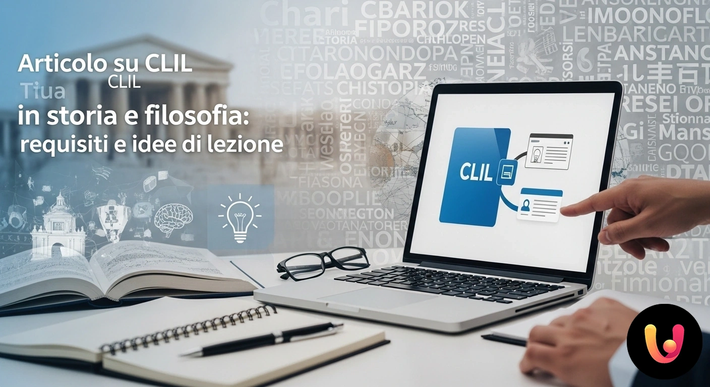 CLIL in Storia e Filosofia: Requisiti e Idee per Lezioni Innovative Illustrazione concettuale che unisce simboli della storia e della filosofia a elementi della lingua inglese tramite la sigla