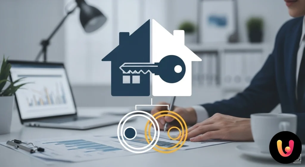 Hypothek auf einen Namen, Immobilie im Miteigentum: Risiken, Schutz und Lösungen Paar vor einem Haus, eine Person hält einen Hypothekenvertrag in der Hand, während die andere auf die Immobilie zeigt.