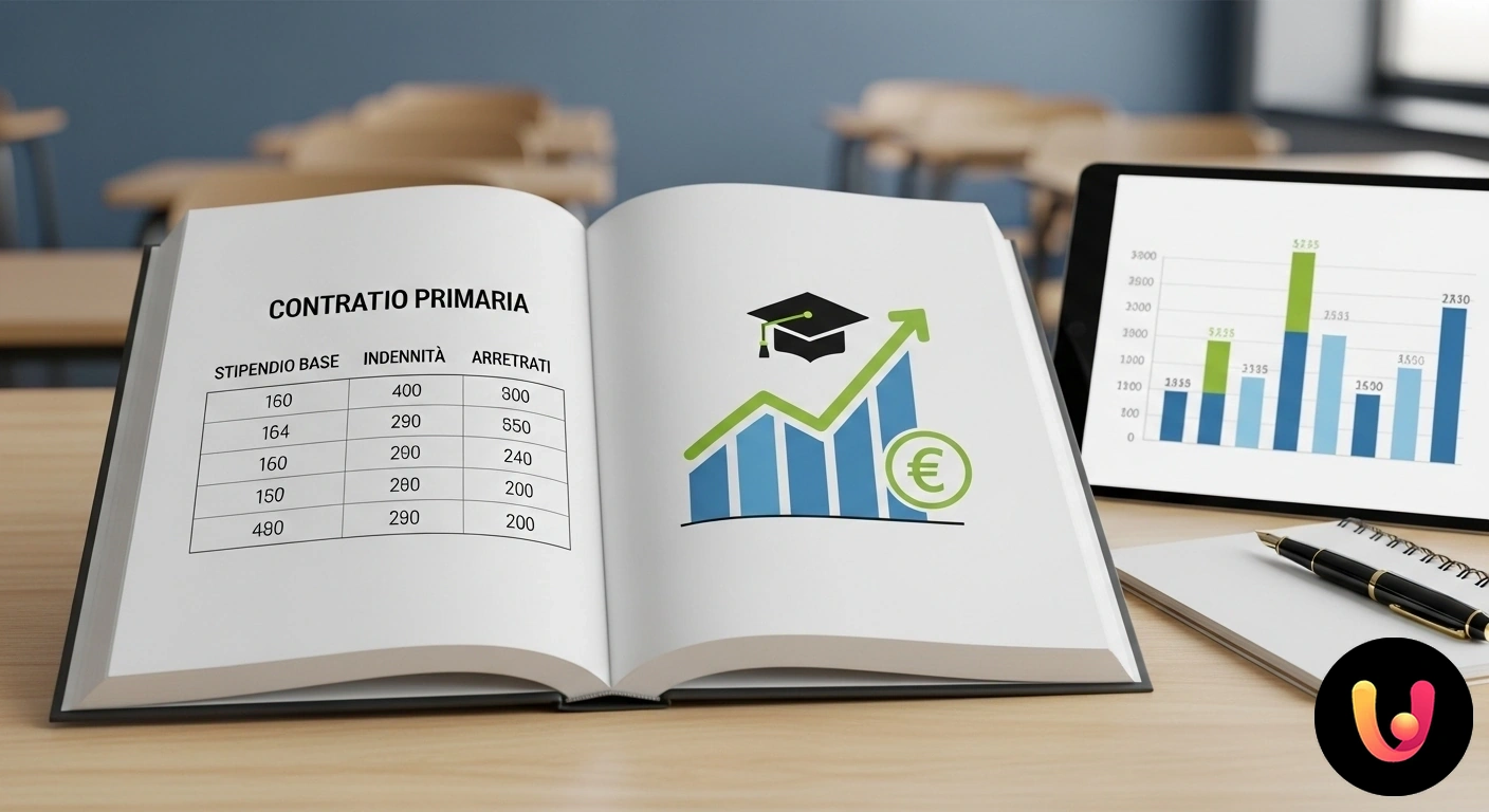 Contratto scuola e retribuzione: guida a tabelle, indennità e arretrati. Documento con tabelle numeriche affiancato da una calcolatrice e una penna su una scrivania.