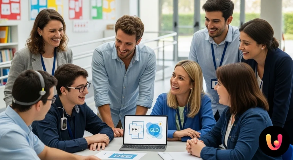 Docente e gruppo di studenti lavorano insieme su documenti didattici in un'aula luminosa e inclusiva.