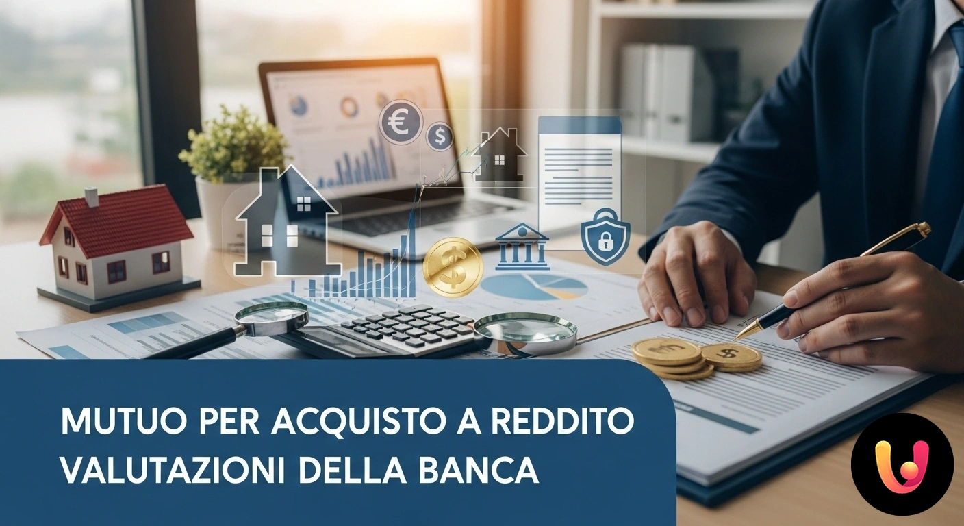 Mutuo Acquisto a Reddito: Condizioni e Valutazioni della Banca Modello di una casa posato su documenti contrattuali, affiancato da una calcolatrice e una penna per la valutazione finanziar