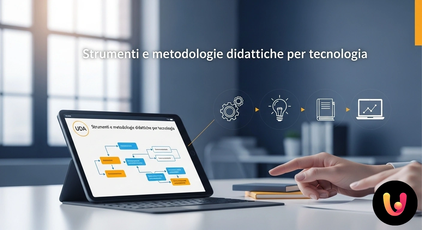 Strumenti e metodologie didattiche innovative per la tecnologia: esempi di UDA. Gruppo di studenti collabora a un progetto di tecnologia utilizzando laptop in un'aula moderna, sotto la guida di un insegnan