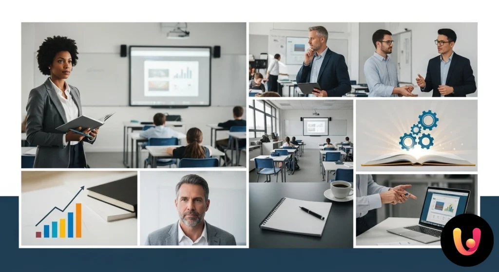 Docente in un'aula di scuola secondaria di primo grado si rivolge con sguardo attento alla classe durante una lezione.