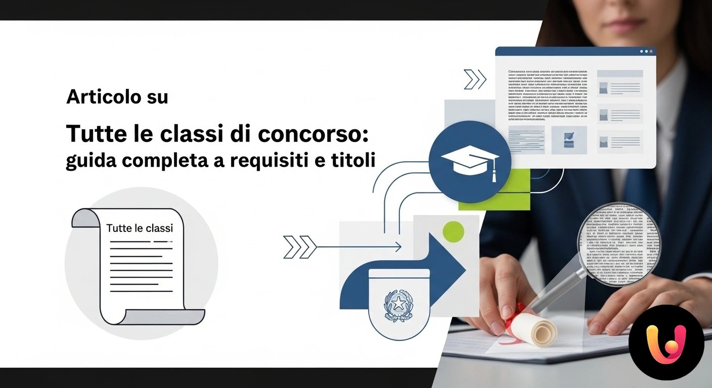Guida completa alle Classi di Concorso: requisiti e titoli di accesso per docenti. Infografica che illustra i percorsi formativi per le classi di concorso con icone rappresentative delle materie di insegnamen