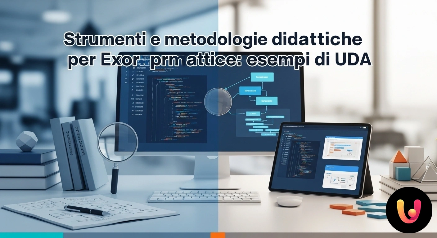 Strumenti e metodologie per progettare UDA di informatica efficaci. Schema concettuale di una unità di apprendimento per l'informatica, con icone che illustrano le fasi di progettazione e svilu