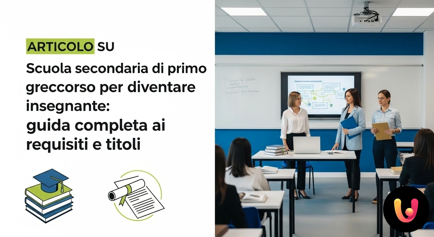 Percorso per diventare insegnante: la guida ai requisiti per la scuola secondaria. Insegnante di scuola secondaria di primo grado spiega una lezione alla lavagna a una classe di studenti attenti e partecipi.