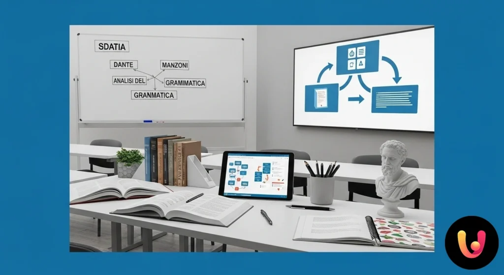 UDA di Italiano: Guida a Strumenti e Metodi per Docenti Innovativi Strumenti per la didattica delle materie letterarie: un libro aperto, un tablet e note adesive colorate su una scrivania.