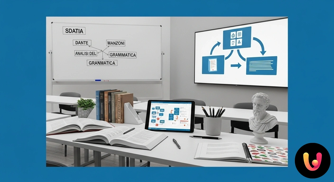 Strumenti e metodologie innovative per la didattica dell'italiano e della letteratura. Strumenti per la didattica delle materie letterarie: un libro aperto, un tablet e note adesive colorate su una scrivania.