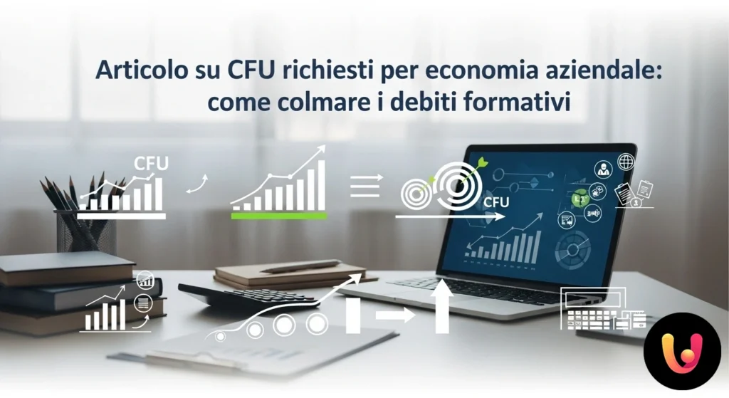 CFU Economia: Guida per Colmare i Debiti Formativi Percorso stilizzato verso un'università con un'interruzione, colmata da un ponte composto da blocchi con la sigla cfu.
