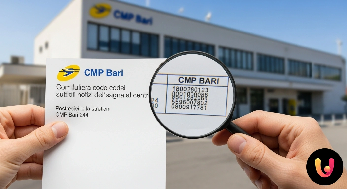 Codici avviso di giacenza CMP Bari: guida alla lettura Primo piano di un avviso di giacenza che mostra i codici numerici e a barre da interpretare.