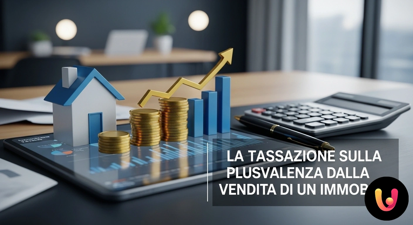 Guida completa alla Tassazione sulla Plusvalenza Immobiliare. Contratto di compravendita immobiliare, calcolatrice e chiavi di casa appoggiati su una scrivania.