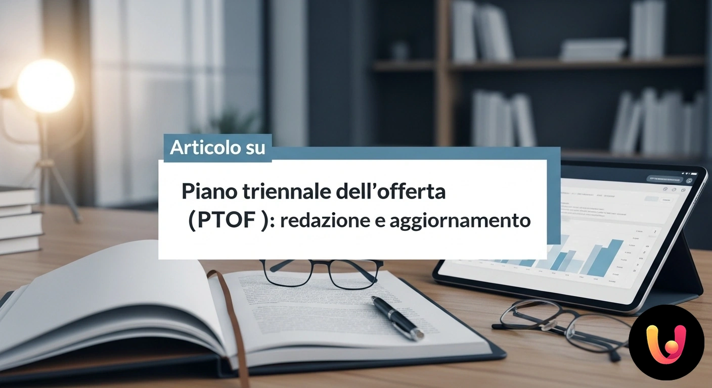 Redazione e aggiornamento PTOF: la guida completa per la scuola. Docente o dirigente scolastico alla scrivania che elabora un documento ufficiale di programmazione didattica.