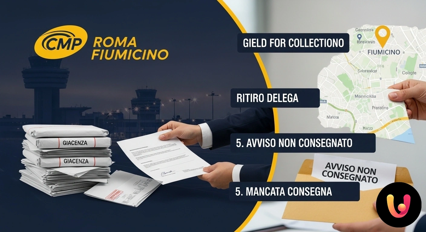 Guida al ritiro con delega per giacenza al CMP Roma Fiumicino Mano che tiene un avviso di mancata consegna di un pacco, con dettagli sulla giacenza e le opzioni per il ritiro.