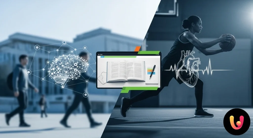 Studente di scienze motorie seduto a una scrivania mentre confronta i piani di studio di diversi atenei per i percorsi 60 cfu