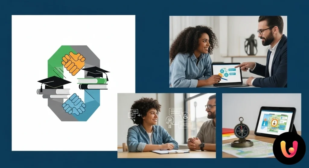 Docente di sostegno specializzato assiste uno studente seduto al suo banco in un'aula di scuola secondaria di primo grado.