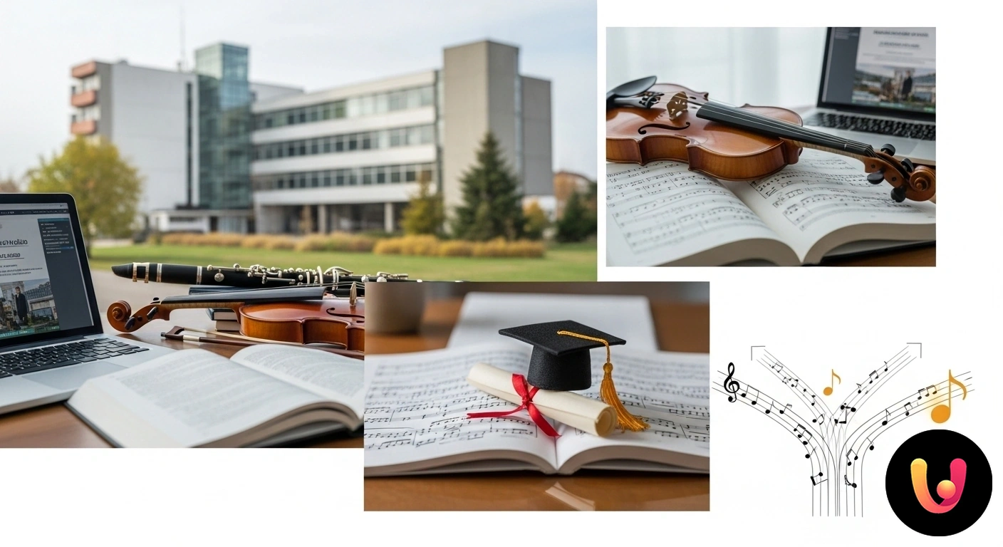 Percorsi 60 CFU Musica: Guida alla scelta di ateneo e piano di studi Studente consulta al computer i piani di studio universitari per la formazione musicale, con spartiti e uno strumento sul tav