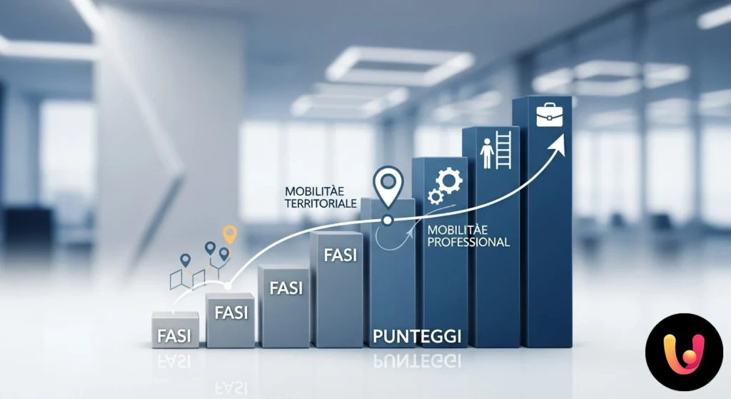 Persona stilizzata di fronte a un bivio con cartelli che indicano diverse direzioni per la mobilit&agrave; territoriale e profession
