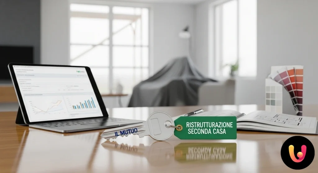 Planimetria di una casa in ristrutturazione affiancata da calcolatrice, penna e un mazzo di chiavi su un tavolo.