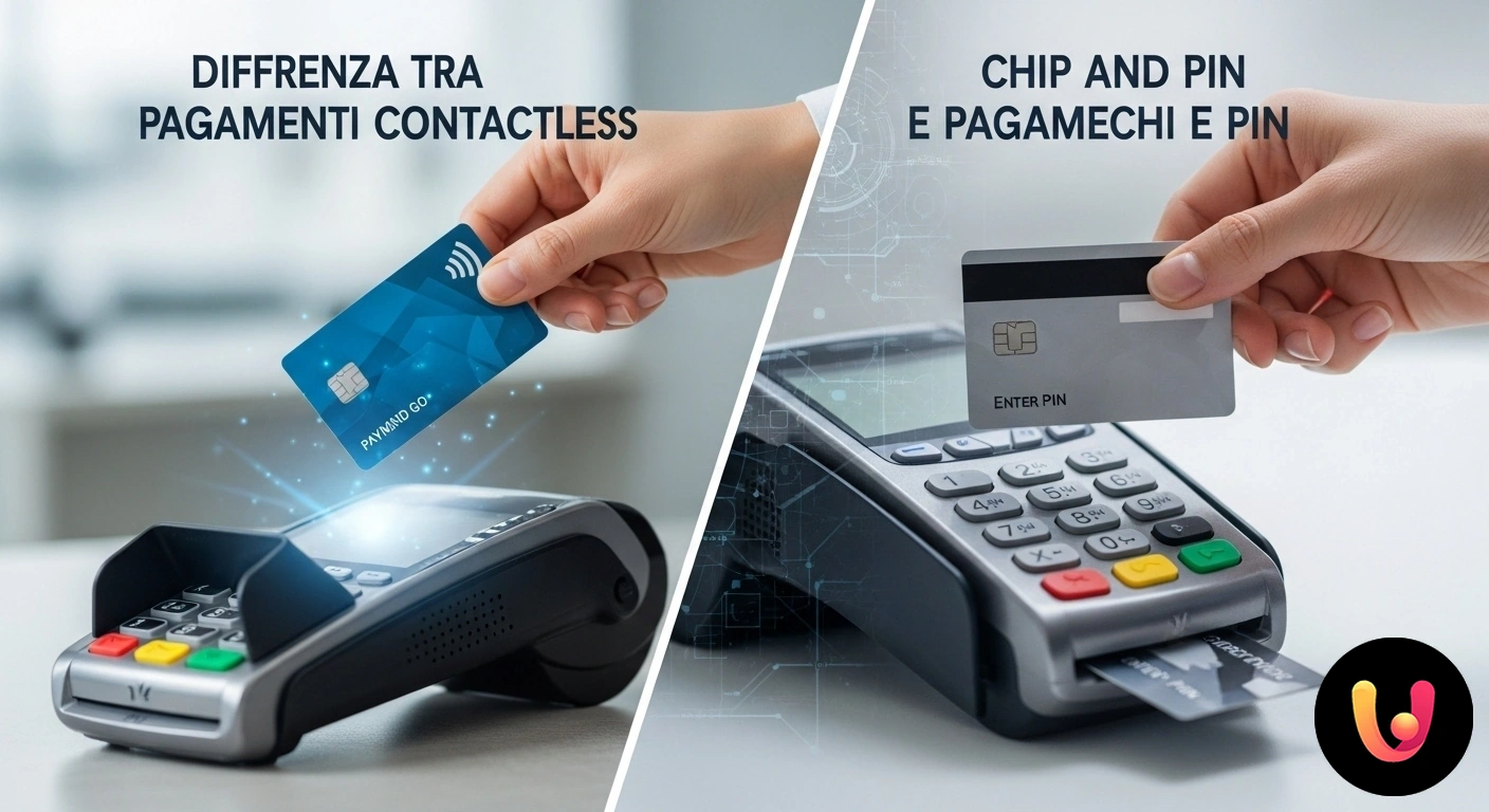 Pagamenti Contactless vs Chip e PIN: Quale tecnologia è più sicura e veloce? Confronto tra un pagamento contactless con carta di credito avvicinata a un pos e un pagamento con carta inserita nel termina