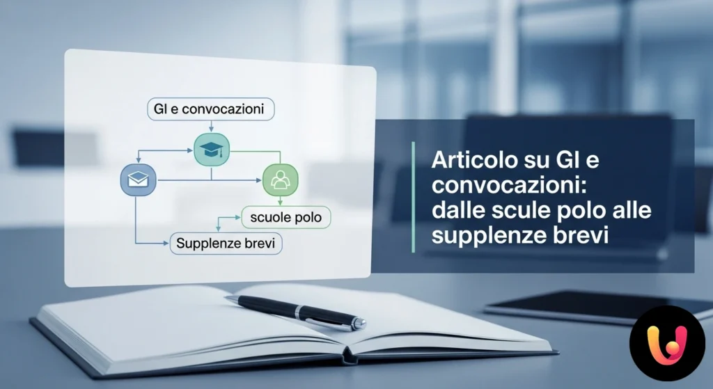 Docente al computer che consulta una graduatoria scolastica online per una convocazione, con un calendario aperto sulla scriv