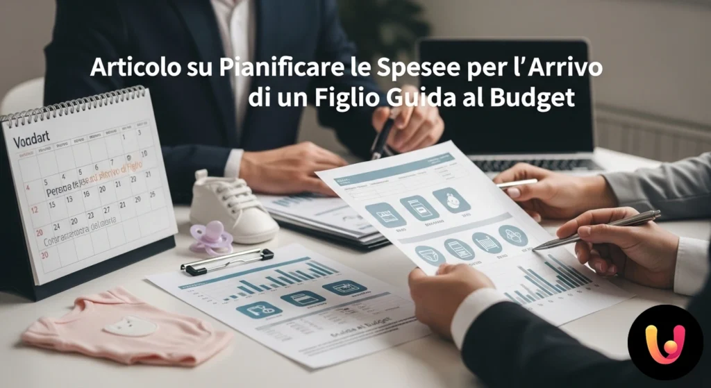 Budget figlio: guida completa alle spese Coppia che pianifica finanze con calcolatrice e laptop, accanto a un paio di scarpine da neonato su un tavolo.
