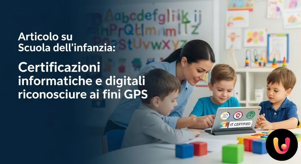 Educatrice di scuola dell'infanzia che illustra un'attivit&agrave; didattica digitale su un tablet a un bambino in un'aula colorata.