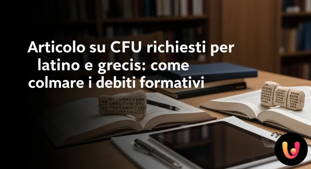 CFU Latino e Greco: la guida per colmare i debiti formativi Studentessa universitaria consulta un antico manoscritto di latino o greco in una biblioteca classica per colmare un debito f